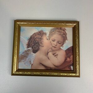 Vintage Gold Ornate Wood Gilt framed Putto's Kiss print by E.M Munier Wall Art